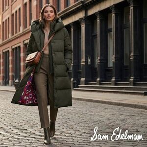 Sam Edelman Oversized Collar Hooded Puffer Quilted Jacket Olive Green Large